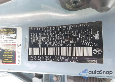 2012 Toyota Camry Le from USA, damaged, VIN 4T1BF1FKXCU549431